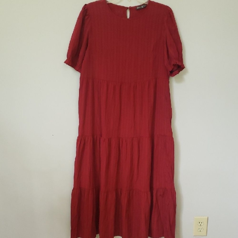 PrettyGarden Dress Womens L Cranberry Red Tiered Prairie Ruffle Maxi Modest
